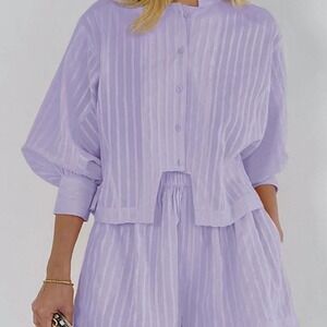 Purple‎ Pure Cotton Pinstripe Long-Sleeve Shorts Set Commense New Large